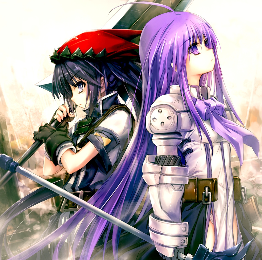 ahoge aselia_bluespirit back-to-back belt black_hair closed_mouth cowboy_shot eien_no_aselia eternity_sword_series fingerless_gloves gloves grey_eyes hat hitomaru long_hair multiple_girls panties plate_armor profile purple_eyes purple_hair ribbon roween_deena_rakios sword tabard underwear weapon