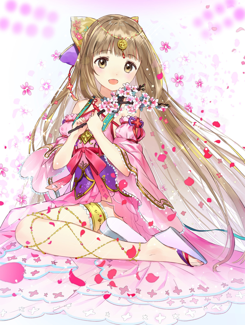 bad_id bad_pixiv_id bangs blush body_chain brown_eyes brown_hair cherry_blossoms commentary_request dress eyebrows_visible_through_hair forehead_jewel gold_trim head_chain highres holding_branch idolmaster idolmaster_cinderella_girls idolmaster_cinderella_girls_starlight_stage japanese_clothes long_hair looking_at_viewer macciatto_(aciel02) open_mouth pink_dress sandals sitting smile solo thigh_strap very_long_hair wariza yorita_yoshino