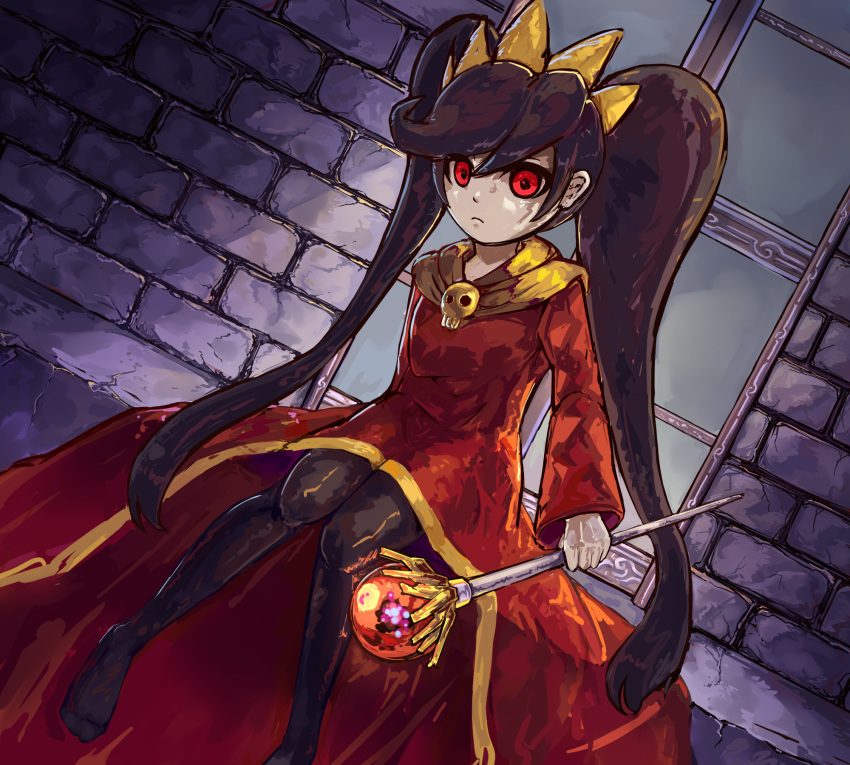 1girl aka_tomato ashley_(warioware) bangs black_hair black_legwear brick_wall commentary_request dress hair_ornament highres holding holding_staff long_hair long_sleeves looking_at_viewer nintendo pantyhose red_dress red_eyes sailor_collar sidelocks skull solo staff twintails very_long_hair warioware window yellow_sailor_collar