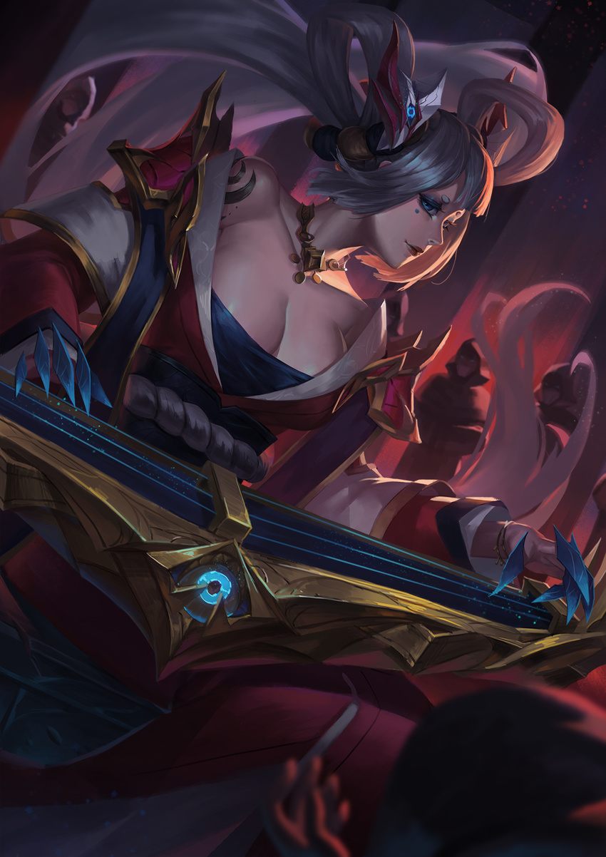 alternate_color alternate_costume alternate_hair_color alternate_hairstyle bare_shoulders blue_eyes breasts cleavage closed_mouth collarbone cowboy_shot dress etwahl floating_hair glowing highres hou_akira instrument large_breasts league_of_legends light_rays long_hair long_sleeves looking_at_viewer red_dress silver_hair smile solo sona_buvelle standing tied_hair triangle twintails very_long_hair wide_sleeves