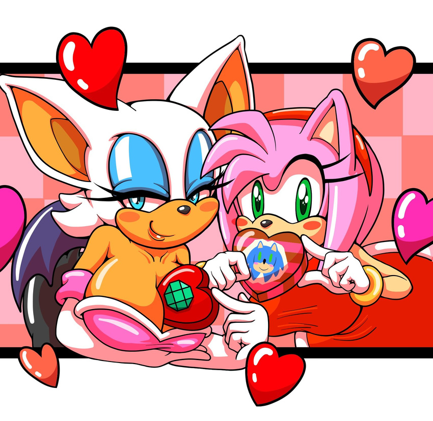 &lt;3 amy_rose anthro bat big_breasts blush breasts cleavage clothed clothing cute duo female hedgehog holidays mammal michiyoshi rouge_the_bat smile sonic_(series) valentine's_day