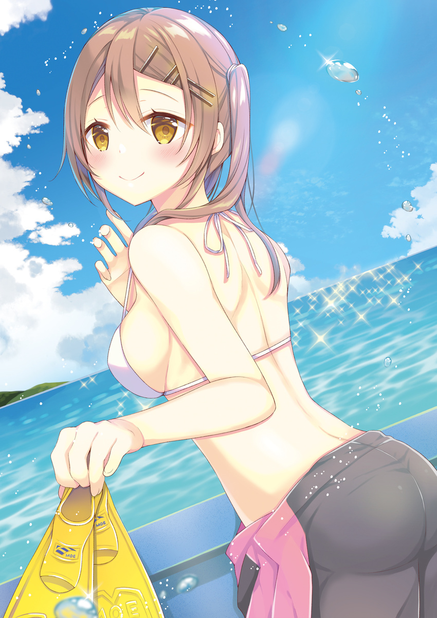 ass bad_id bad_pixiv_id blue_sky blush breasts brown_hair closed_mouth cloud cloudy_sky commentary_request day dutch_angle flippers from_behind hair_between_eyes hair_ornament hairclip halter_top halterneck highres horizon long_hair looking_at_viewer looking_back medium_breasts moe2017 ocean original outdoors partially_undressed shoulder_blades side_ponytail sideboob sidelocks sky smile solo ueno_tomo water_drop wetsuit white_bikini_top yellow_eyes