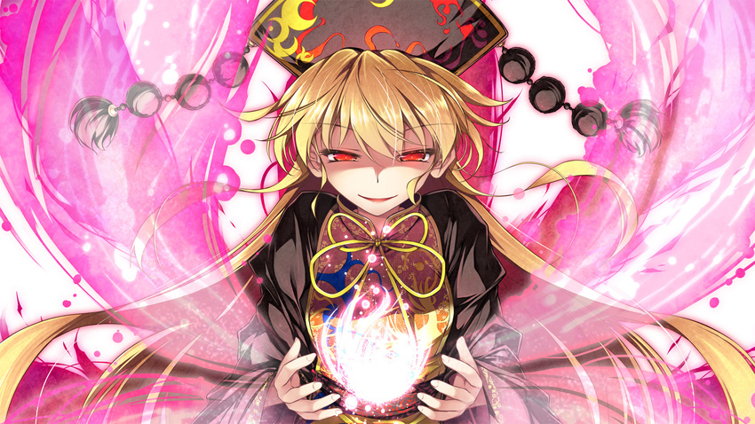 black_dress blonde_hair chima_q chinese_clothes commentary dress energy hat headdress highres junko_(touhou) long_hair long_sleeves red_eyes sash solo tabard touhou very_long_hair wide_sleeves