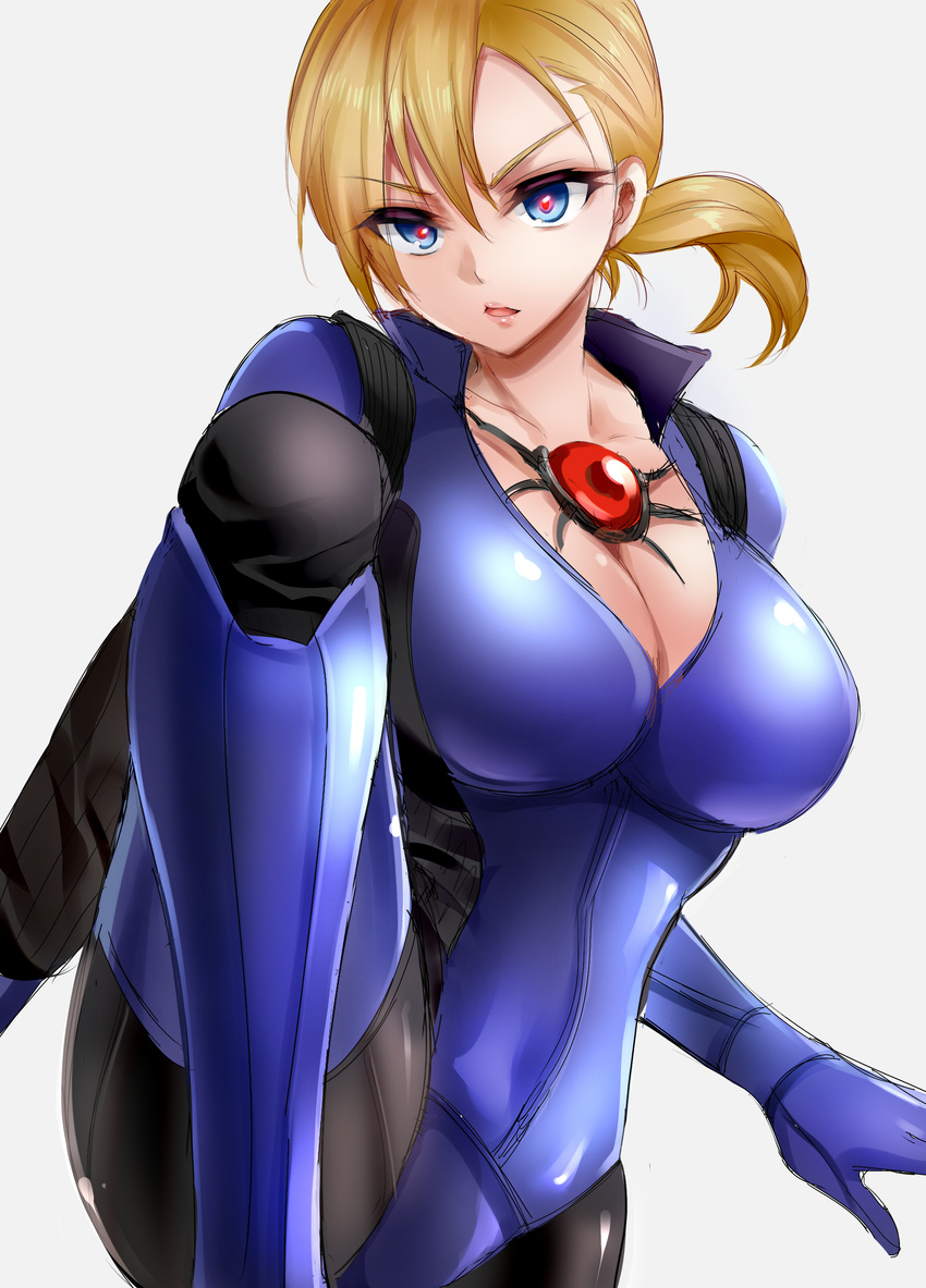 &gt;:( absurdres bad_revision blonde_hair blue_eyes bodysuit breasts cleavage collarbone cowboy_shot downscaled_revision fighting_stance frown hair_between_eyes highres jill_valentine large_breasts leg_up looking_at_viewer low_ponytail md5_mismatch mind_control nagare parted_lips resident_evil resident_evil_5 resized short_hair solo upscaled v-shaped_eyebrows