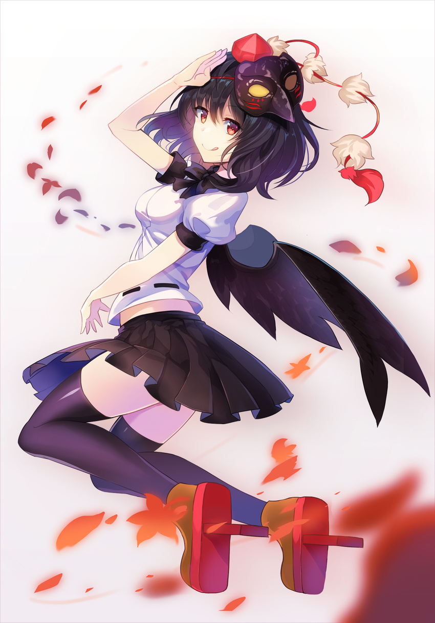 :q bird_mask black_hair black_legwear black_wings commentary_request full_body geta hat highres mask md5_mismatch motion_blur pom_pom_(clothes) red_eyes red_footwear rin_falcon salute shameimaru_aya shirt shoes short_hair skirt solo tengu-geta thighhighs tokin_hat tongue tongue_out touhou white_shirt wings