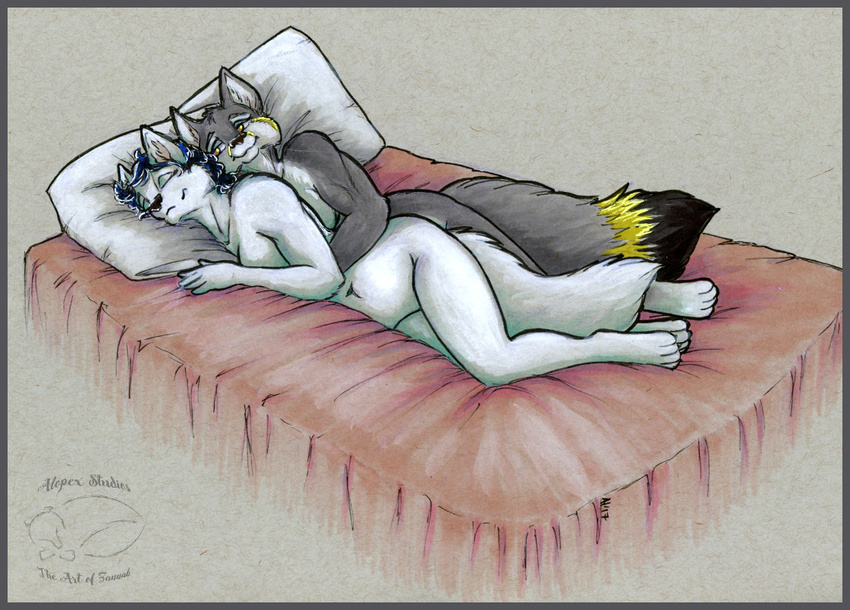 2017 anthro arctic_fox bed blue_hair breasts canine convenient_censorship cuddling dipstick_tail duo eyes_closed female fluffy fluffy_tail fox fur hair half-closed_eyes inner_ear_fluff lying mammal multicolored_fur multicolored_tail navel nude on_bed on_side side_boob simple_background sleeping smile two_tone_fur white_fur wolf yellow_eyes zannah