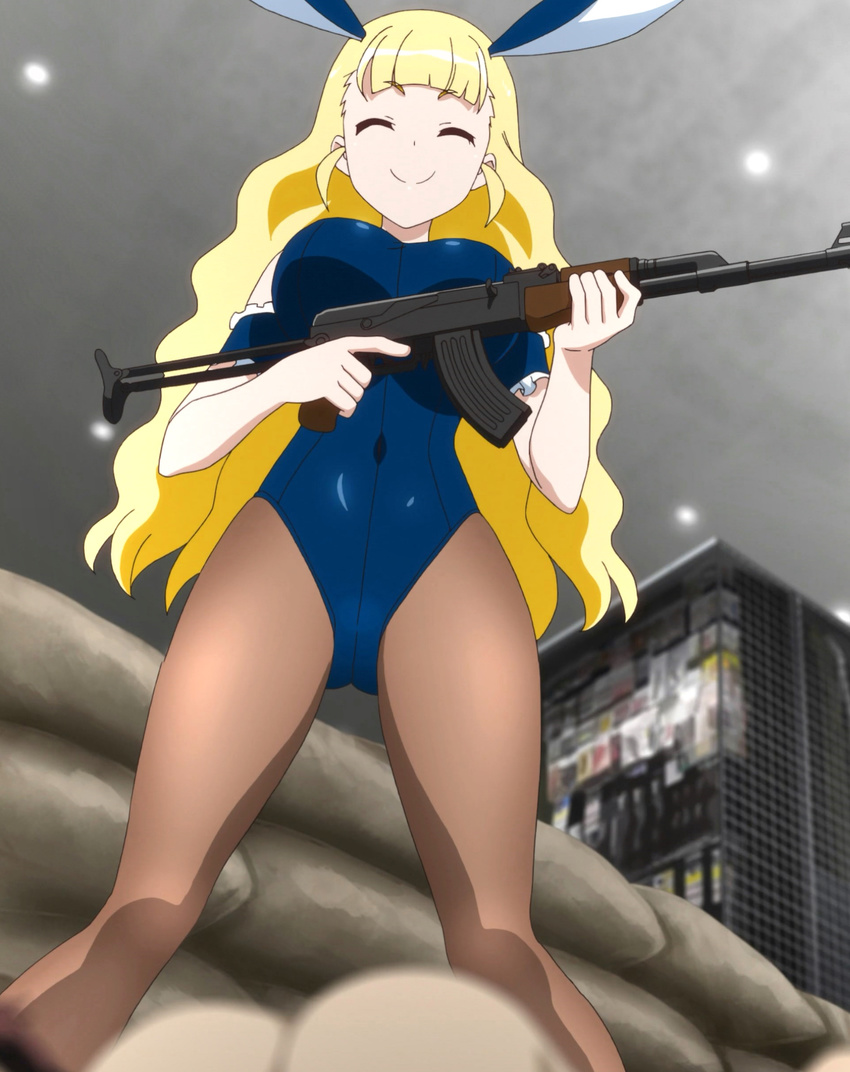 1girl akiba's_trip akiba's_trip_the_animation arisa_ahokainen blonde_hair breasts gun large_breasts long_hair pantyhose smile solo tagme