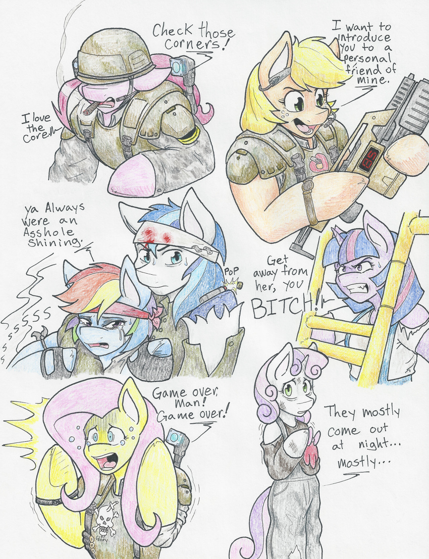 2016 absurd_res alien_(franchise) applejack_(mlp) armor bandage blood cigar clothing dialogue english_text equine female flicker-show fluttershy_(mlp) friendship_is_magic gun hi_res horn horse mammal my_little_pony parody pinkie_pie_(mlp) pony quote rainbow_dash_(mlp) ranged_weapon scene_parody shining_armor_(mlp) sweetie_belle_(mlp) tears text traditional_media_(artwork) twilight_sparkle_(mlp) unicorn weapon winged_unicorn wings