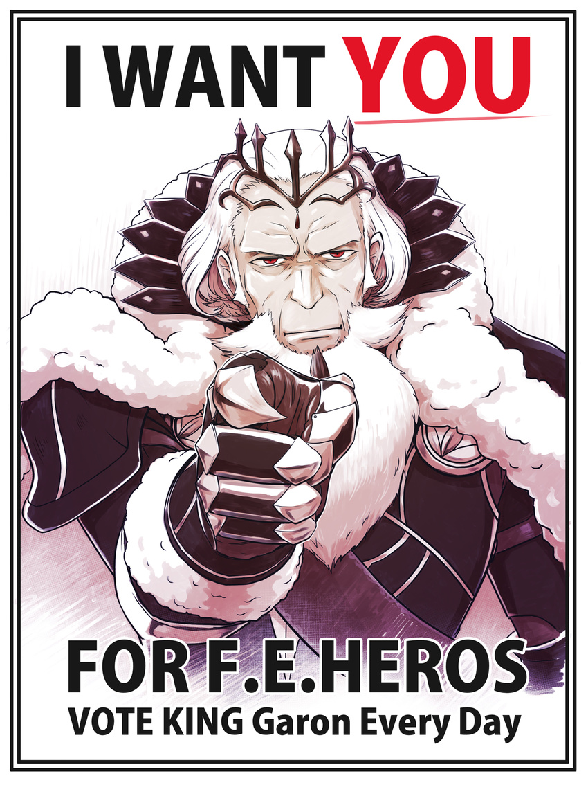 armor beard commentary_request crown english facial_hair fire_emblem fire_emblem_if garon_(fire_emblem_if) highres i_want_you magiquasar male_focus pointing pointing_at_viewer propaganda solo uncle_sam white_hair