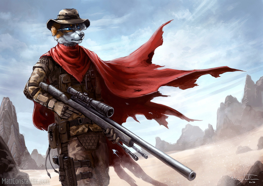aziomi blue_eyes camo canine cape clothed clothing day desert dog fur gun hat imiak male mammal multicolored_fur outside ranged_weapon rifle sky solo standing torn_clothing two_tone_fur weapon