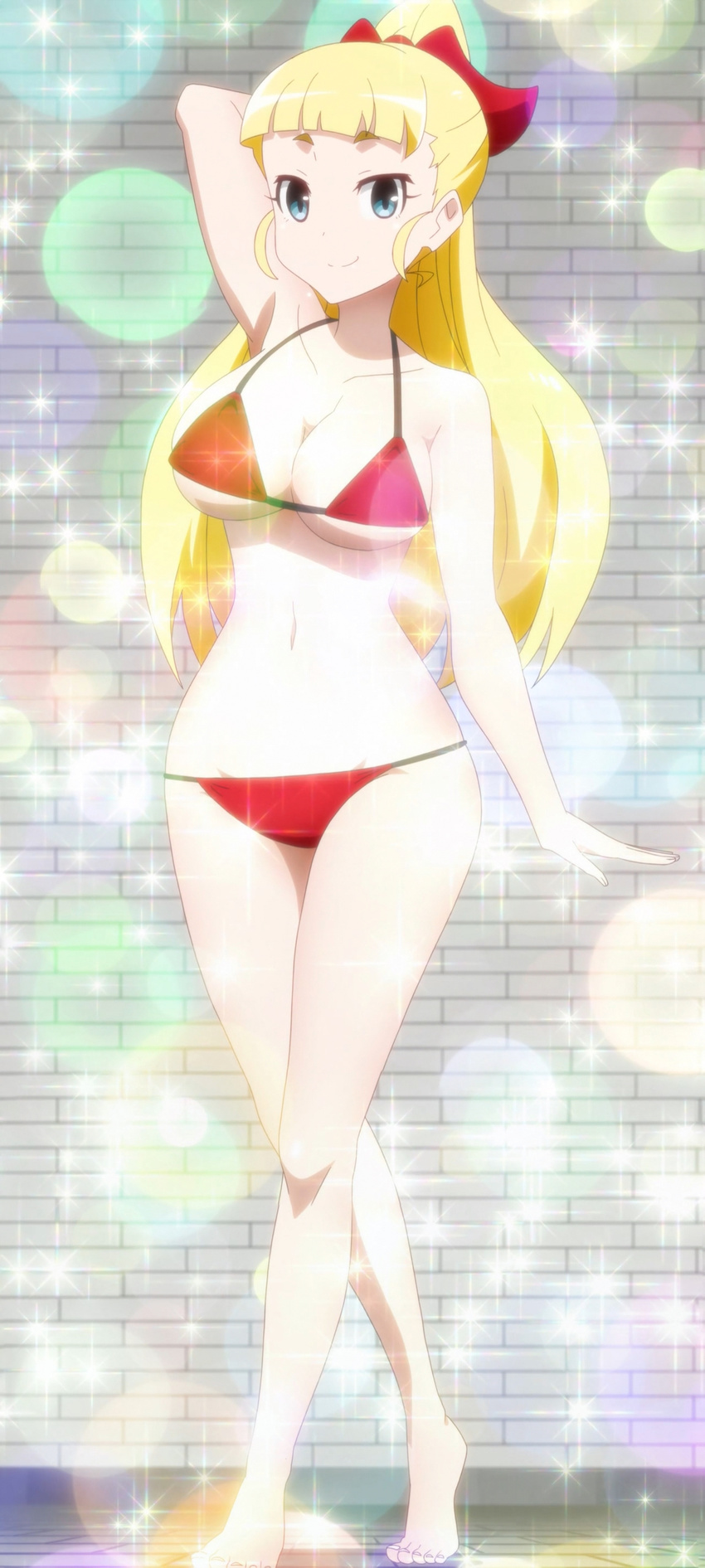 1girl akiba's_trip akiba's_trip_the_animation arisa_ahokainen bikini blonde_hair blue_eyes breasts cleavage large_breasts long_hair smile solo swimsuit