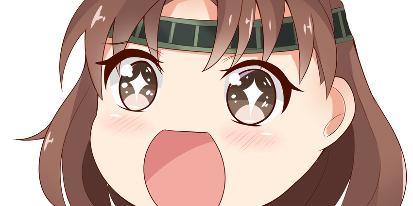 1girl brown_eyes brown_hair chiyoda_(kantai_collection) close-up headband kantai_collection looking_at_viewer nahaki no_nose open_mouth short_hair simple_background solo sparkling_eyes symbol-shaped_pupils white_background