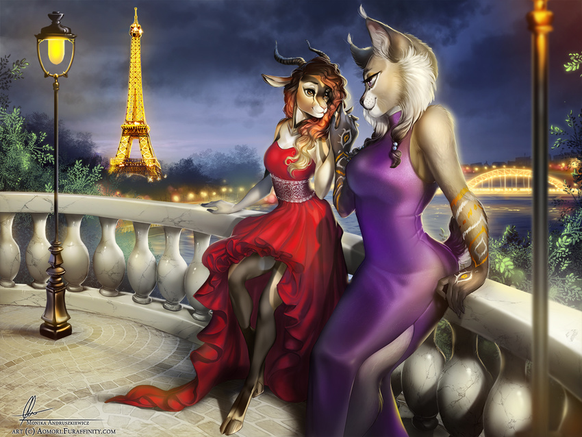 antelope anthro aomori clothed clothing dress duo eiffel_tower feline female fur gazelle hair hooves horn lynx mammal outside smile