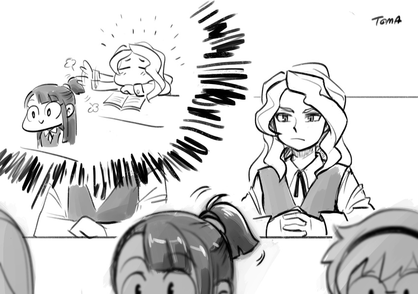 blush chibi chibi_inset commentary_request diana_cavendish greyscale highres imagining kagari_atsuko little_witch_academia lotte_jansson monochrome multiple_girls out_of_character playing_with_another's_hair ponytail school_uniform serious sitting sucy_manbavaran tama9toma thinking