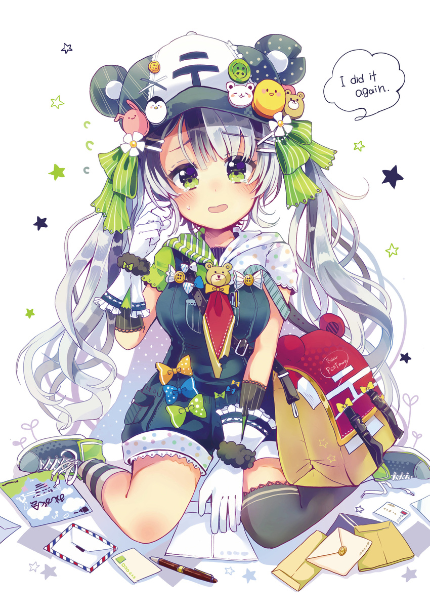 absurdres airmail_envelope bag bangs bear_hat between_legs black_hair blush bow clumsy commentary_request elbow_gloves english envelope eyebrows eyebrows_visible_through_hair fang flower gloves grey_eyes grey_hair hair_flower hair_ornament hair_ribbon hairpin hand_between_legs hat_ornament highres hood hood_down japanese_postal_mark kneeling long_hair looking_at_viewer mail mailman manila_envelope mismatched_legwear multicolored_hair necktie open_mouth original over-kneehighs overalls revision ribbon sakura_oriko shoes short_sleeves shorts shoulder_bag solo star striped striped_legwear sweatdrop tearing_up thighhighs twintails two-tone_hair wristband