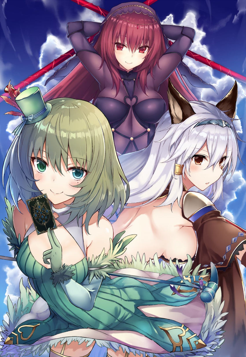 animal_ears arms_behind_head bangs blue_eyes blue_hairband blush bodysuit breasts brown_eyes brown_hair card cat_ears circlet closed_mouth cloud cloudy_sky commentary_request crossover day detached_sleeves dress erune eyebrows_visible_through_hair fate/grand_order fate_(series) gae_bolg garter_straps gloves granblue_fantasy green_dress green_eyes green_gloves green_hat hair_between_eyes hair_tubes hairband halterneck hat heles heterochromia highres holding holding_card idolmaster idolmaster_cinderella_girls kurifuto large_breasts long_hair looking_at_viewer mini_hat mini_top_hat mole mole_under_eye multiple_girls parted_lips red_eyes scathach_(fate)_(all) scathach_(fate/grand_order) shadowverse short_hair sideboob silver_hair sky smile standing takagaki_kaede thighhighs top_hat veil