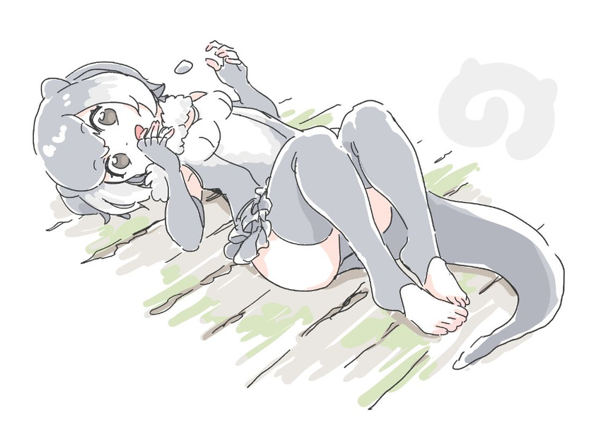 :d animal_ears armpits bare_shoulders barefoot breasts collar elbow_gloves frilled_swimsuit frills full_body fur_collar gloves gradient_hair grey_eyes grey_gloves grey_legwear grey_swimsuit japari_symbol juggling kemono_friends knees_up looking_at_viewer lying medium_breasts mitsumoto_jouji multicolored_hair no_shoes on_back one-piece_swimsuit open_mouth otter_ears otter_tail rock short_hair small-clawed_otter_(kemono_friends) smile solo swimsuit tail tareme thighhighs toeless_legwear two-tone_hair