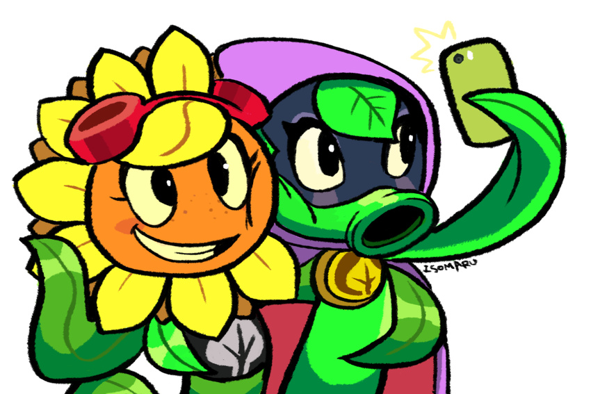 cellphone cloak clothing duo eyelashes eyewear female flora_fauna freckles goggles green_shadow_(plants_vs_zombies) isomaru mask phone plant plants_vs_zombies selfie shirt signature simple_background smile solar_flare_(plants_vs_zombies) white_background