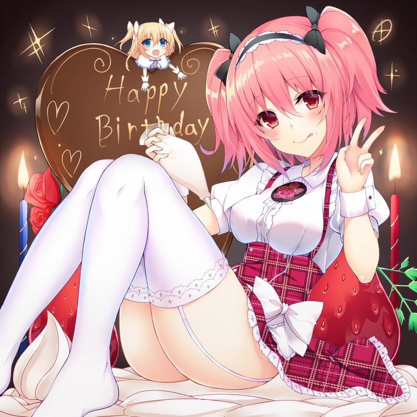 :d bangs black_hairband black_ribbon blush bow cake candle chocolate chocolate_heart collared_shirt commentary_request cream cream_on_face english flower food food_on_face garter_straps hair_bow hair_ribbon hairband happy_birthday hasegawa_urumi headdress heart high-waist_skirt highres holding kaitori_oukoku kurifuto lace lace-trimmed_skirt leaning_back looking_at_viewer mascot minigirl miniskirt multiple_girls no_shoes open_mouth oversized_object pastry_bag pink_eyes pink_hair plaid plaid_skirt puffy_short_sleeves puffy_sleeves red_skirt ribbon rose shirt short_hair short_sleeves sitting skirt smile sparkle strawberry_shortcake suspender_skirt suspenders thighhighs thighs tongue tongue_out two_side_up unmoving_pattern v waitress white_bow white_legwear white_ribbon wrist_cuffs