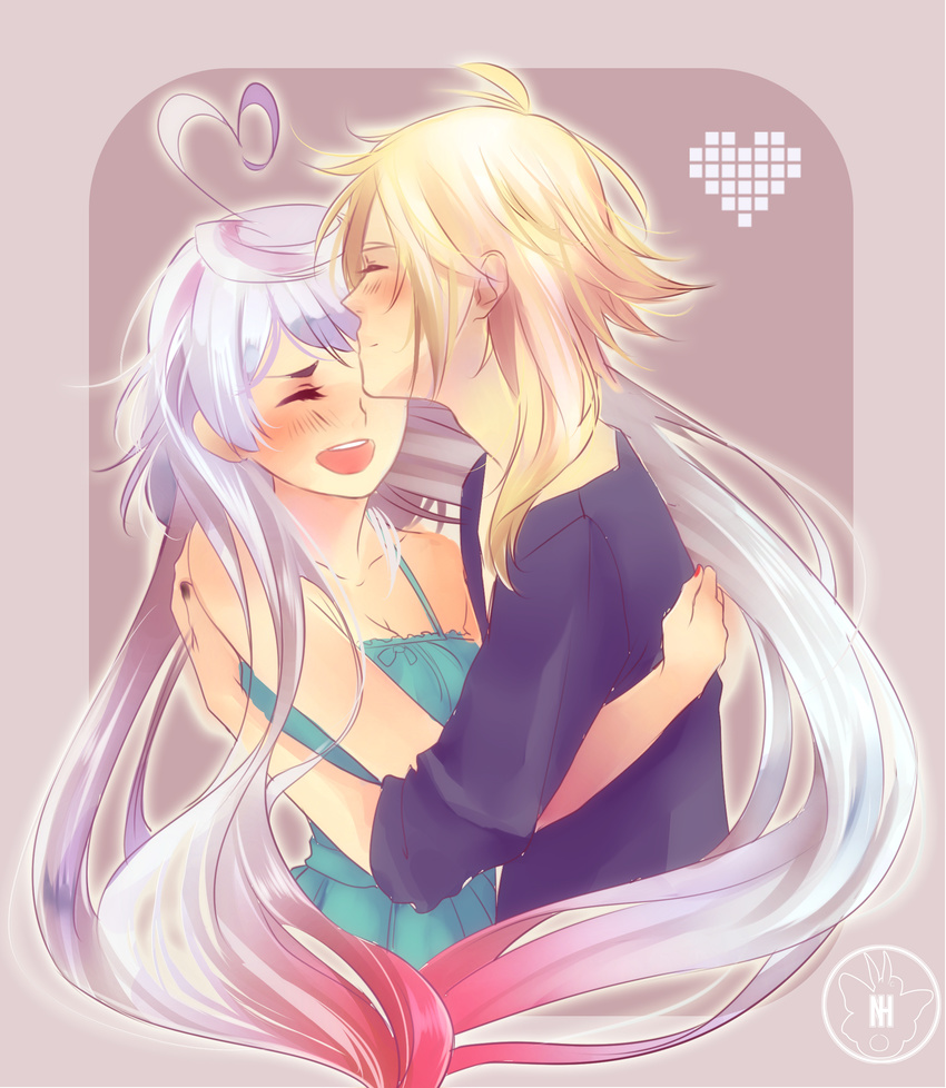 1girl ahoge aqua_dress bare_shoulders blonde_hair blush collarbone couple dress forehead_kiss gradient_hair heart_ahoge hetero highres hug kiss long_hair maika_(vocaloid) multicolored_hair noririn-hayashi open_mouth pink_hair pixel_heart purple_background purple_shirt shirt size_difference sketch smile two-tone_hair very_long_hair vocaloid wavy_hair white_hair yohioloid