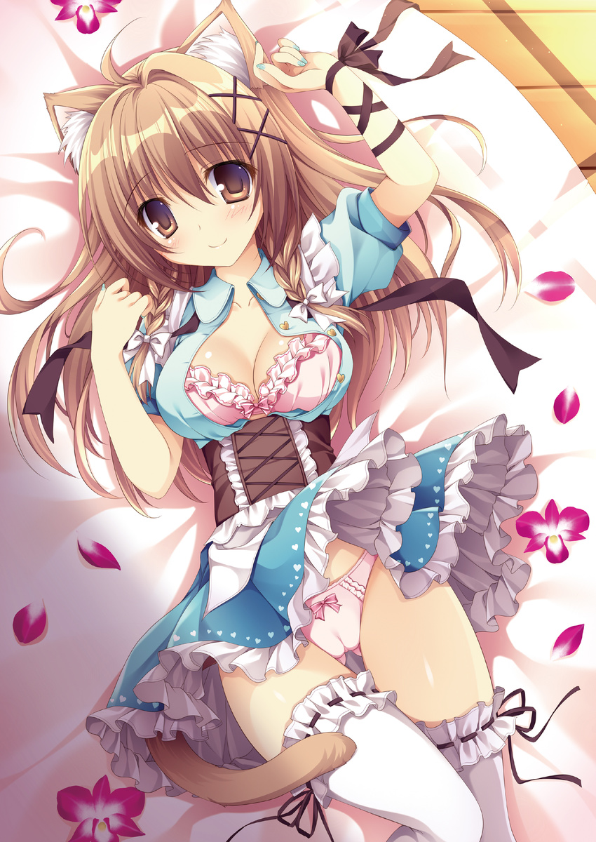 absurdres ahoge animal_ears arm_ribbon arm_up bangs bed bed_sheet black_ribbon blue_dress blush bow bow_bra bow_panties bra breasts brown_eyes brown_hair brown_ribbon buttons cameltoe cat_ears cat_girl cat_tail cleavage closed_mouth collarbone collared_dress corset cowboy_shot dress eyebrows_visible_through_hair fingernails flower frilled_bra frilled_legwear frilled_skirt frills garters hair_ornament hairclip hand_up heart heart_button heart_print highres legs_together long_fingernails long_hair looking_at_viewer lying medium_breasts nail_art nail_polish nanaroba_hana on_back open_clothes original panties petals pink_bow pink_bra pink_panties puffy_short_sleeves puffy_sleeves ribbon ribbon-trimmed_legwear ribbon_trim shadow short_dress short_sleeves skirt smile solo tail thigh_gap thighhighs underwear white_bow white_legwear wrist_ribbon x_hair_ornament