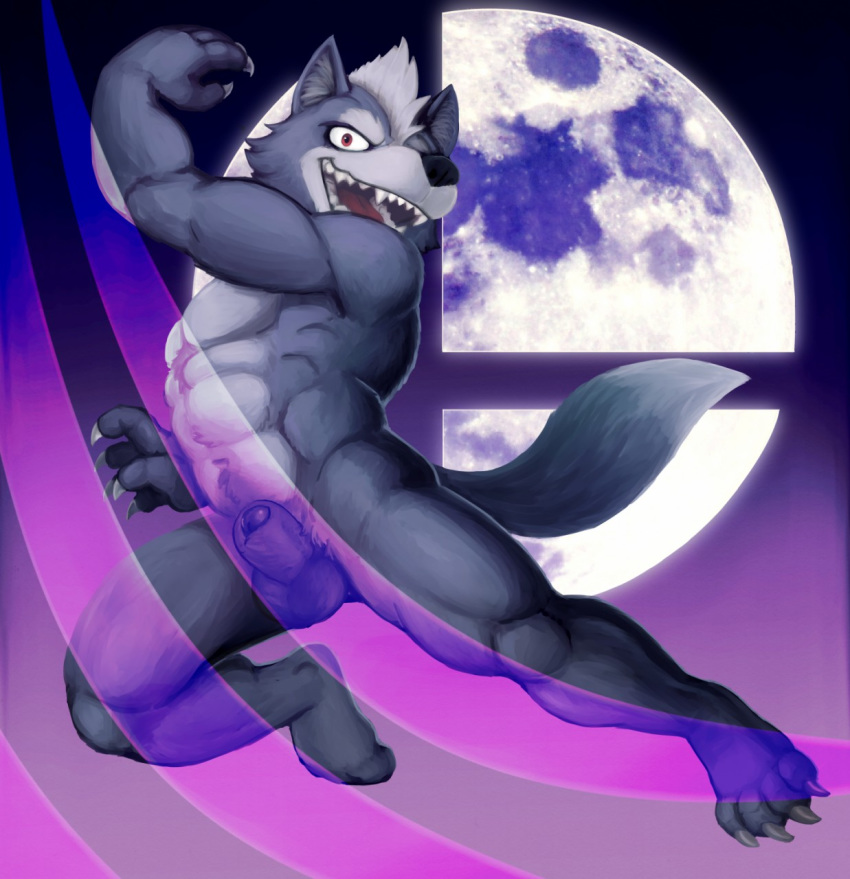 action_pose animal_genitalia balls canine fur grey_fur male mammal moon muscular muscular_male nintendo nude open_mouth penis pose solo spectral-bat star_fox super_smash_bros teeth video_games wolf wolf_o'donnell