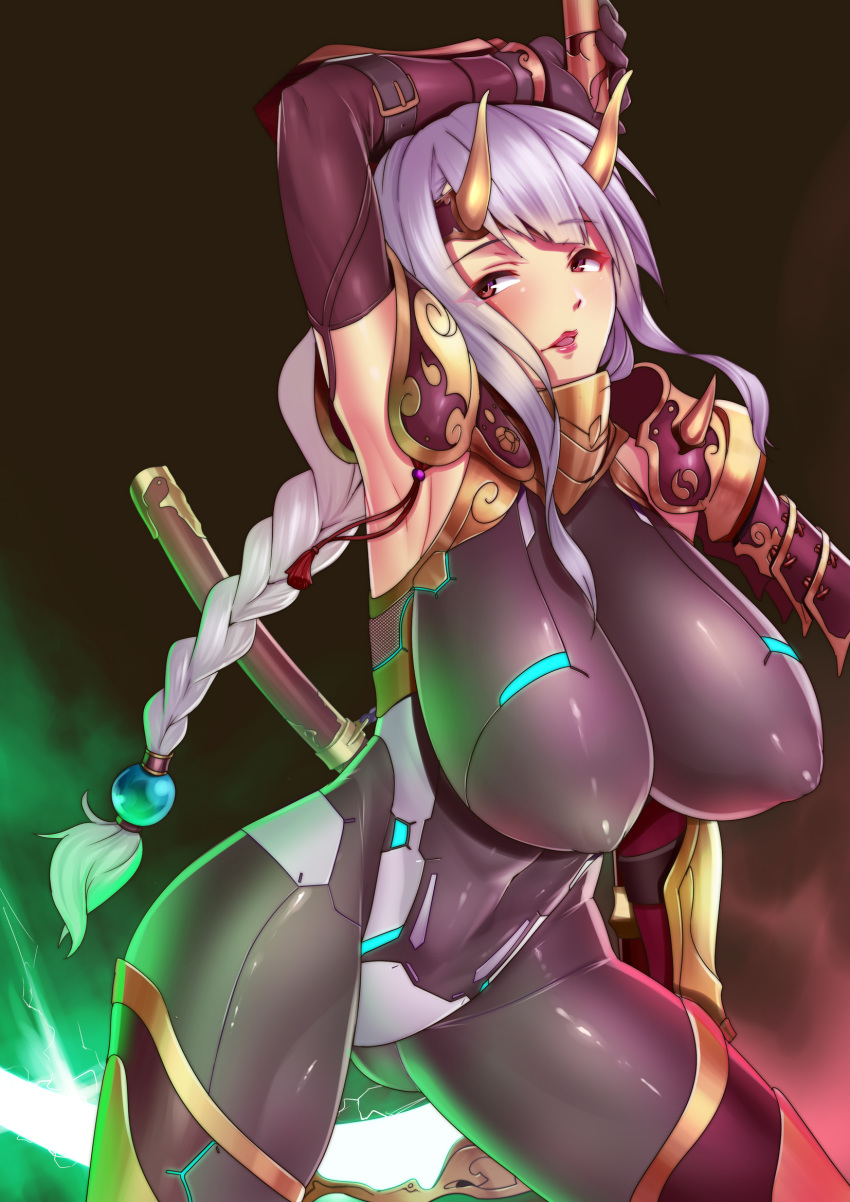 1girl arm_up armor armpits black_gloves blush braid breasts covered_navel curvy detached_sleeves energy_blade erect_nipples eyebrows_visible_through_hair eyeliner forehead_protector gloves gluteal_fold harunori_oogami highres holding holding_weapon huge_breasts japanese_armor kote lips lipstick long_hair makeup mature ninja no_mask oni_horns original parted_lips purple_eyes scythe sheath sheathed shiny shiny_clothes sidelocks silver_hair single_braid skin_tight solo tassel very_long_hair weapon