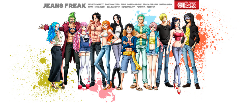 6boys 6girls background bartolomeo black_hair blonde_hair blue_hair boa_hancock boy girl green_hair high_heels monkey_d_luffy multiple_boys multiple_girls nami_(one_piece) nefertari_vivi nico_robin one_piece perona pink_hair portgas_d_ace rebecca roronoa_zoro sandals sanji shoes trafalgar_law