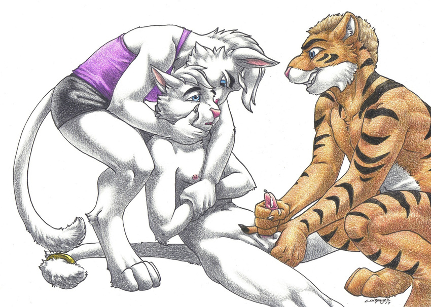age_difference balls bdsm cat clothing cum ejaculation feline female forced fur group holding_face male mammal nude penis sinistervibe sitting skirt tiger tired traditional_media_(artwork) white_fur young
