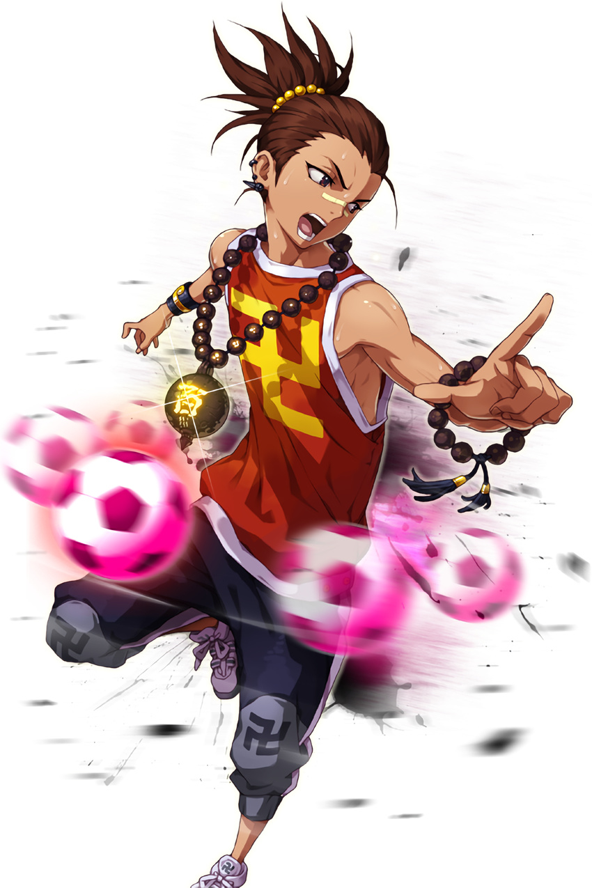 :o ball bracelet brown_eyes brown_hair comiccho earrings full_body glint hair_ornament highres jang_(soccer_spirits) jewelry looking_to_the_side male_focus necklace nose_tape pointing shoes sneakers soccer_ball soccer_spirits solo standing standing_on_one_leg swastika sweatband transparent_background white_footwear