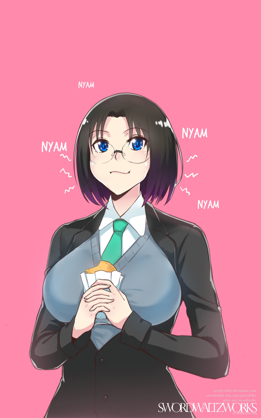 1girl alternate_costume artist_name bangs black_hair black_jacket blue_eyes blue_sweater breasts buttons closed_mouth collared_shirt commentary_request dress_shirt eating elma_(maidragon) eyebrows_visible_through_hair food framed_breasts glasses gradient gradient_hair green_neckwear hair_intakes hands_clasped highres holding holding_food interlocked_fingers jacket kobayashi-san_chi_no_maidragon large_breasts long_sleeves multicolored_hair necktie no_horn no_tail office_lady own_hands_together parted_bangs purple_background purple_hair rimless_eyewear shirt short_hair simple_background solo sweater sweater_vest swordwaltz symbol-shaped_pupils upper_body white_shirt wing_collar