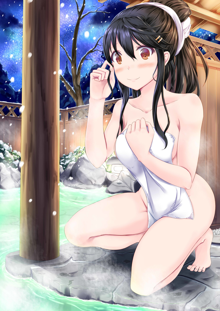 absurdres ayakase_hotaru bath black_hair brown_eyes covering fence full_body hair_between_eyes hair_up haruna_(kantai_collection) highres kantai_collection kneeling long_hair looking_at_viewer night nude_cover onsen outdoors rock smile snow snowing solo towel towel_on_head water wooden_fence