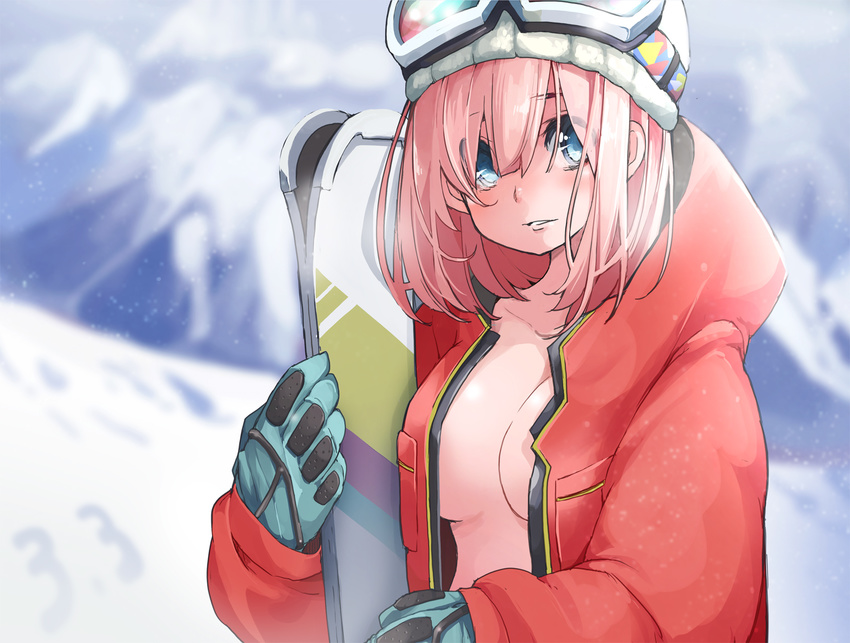blue_eyes blush breasts cleavage coat gloves goggles goggles_on_head highres large_breasts looking_at_viewer naked_coat open_clothes open_coat original pink_hair skis snow solo takagi_(tansuke) tansuke