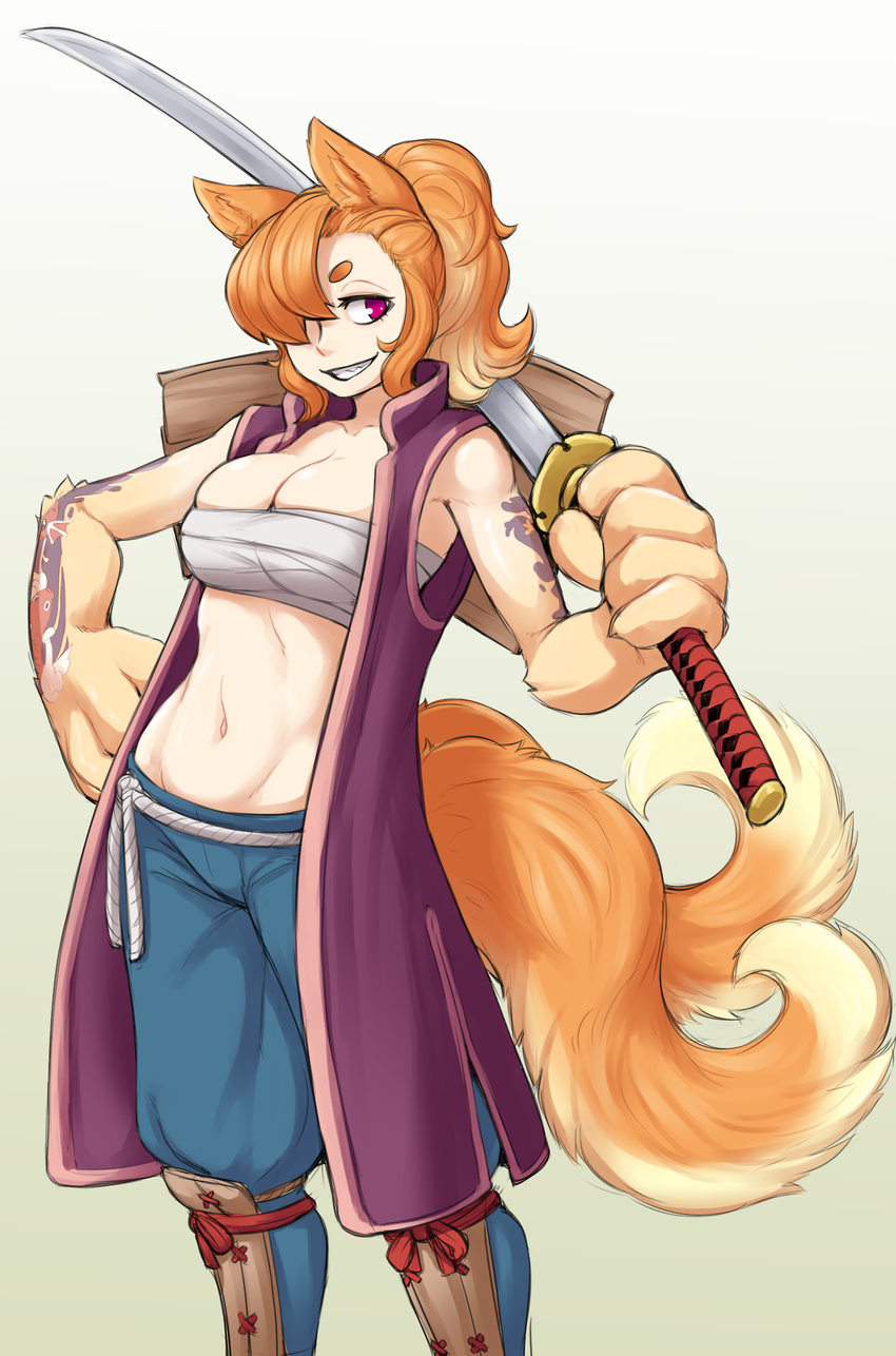 1girl animal_ears arm_tattoo belt breasts grin hair_over_one_eye highres ittla large_breasts large_hands monster_girl multiple_tails navel orange_hair original paws ponytail purple_eyes sarashi sharp_teeth shin_guards smile sword tail tattoo teeth weapon white_background