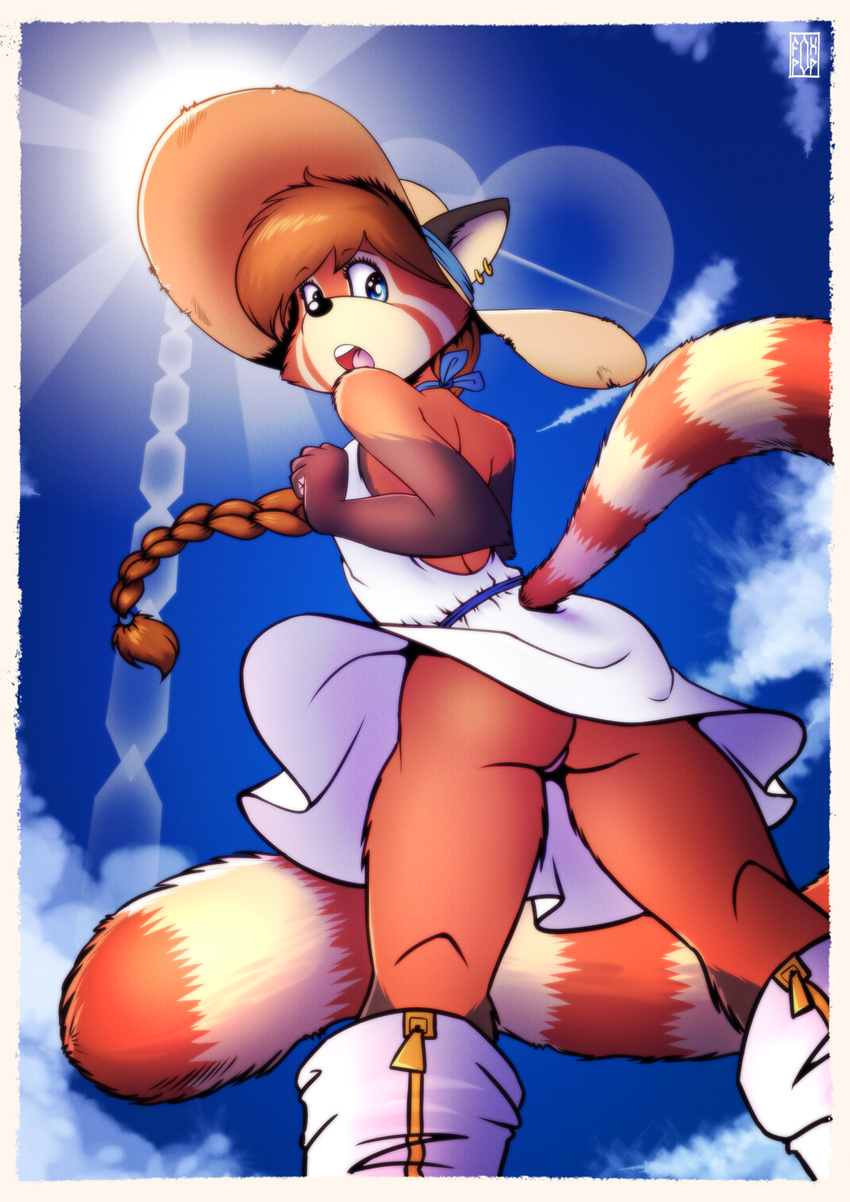 anthro blue_eyes bottomless candice clothed clothing commando cute dress female fox-pop looking_at_viewer mammal nude pinup pose poster red_panda sunny_day