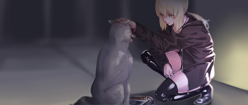 absurdres artoria_pendragon_(all) black_footwear black_legwear blonde_hair boots bowl dog dog_food fate/grand_order fate_(series) heavy_breathing high_heel_boots high_heels highres hood hoodie indoors jewelry necklace one_knee petting ponytail rolua saber_alter shorts solo thigh_boots thighhighs yellow_eyes