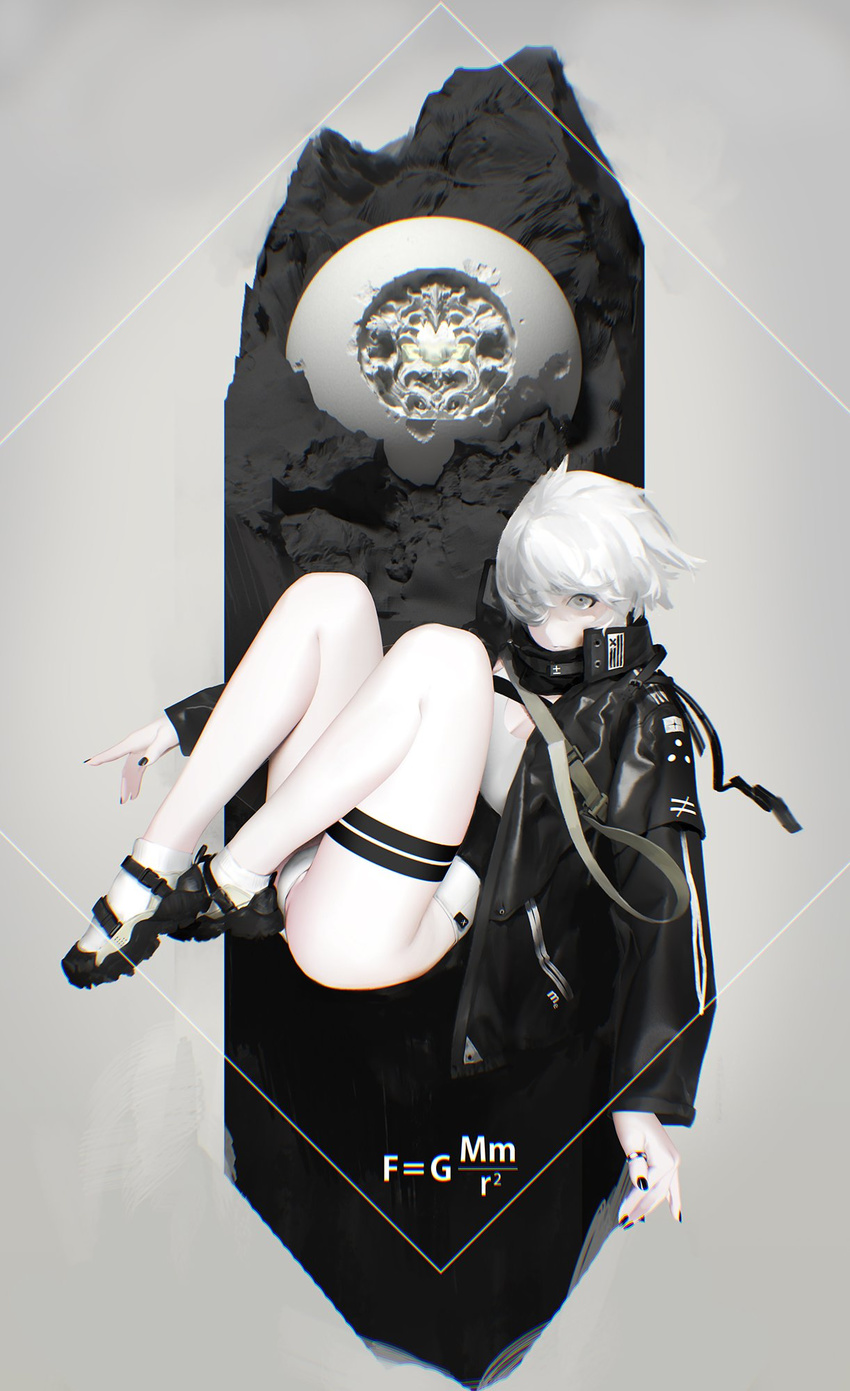 black_footwear black_nails commentary from_above hair_over_one_eye highres jacket jewelry knees_to_chest legs_up leotard looking_at_viewer looking_up lying nail_polish on_back original pale_skin ring shoes short_hair silver_eyes socks solo sugimoto_gang thigh_strap thumb_ring white_hair white_legwear