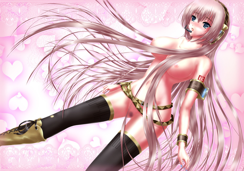 armband black_legwear blue_eyes blush breasts censored headset highres large_breasts long_hair megurine_luka nipples nohoho_(kakikonchi) open_mouth pink_hair pubic_hair pussy solo tears thighhighs very_long_hair vocaloid