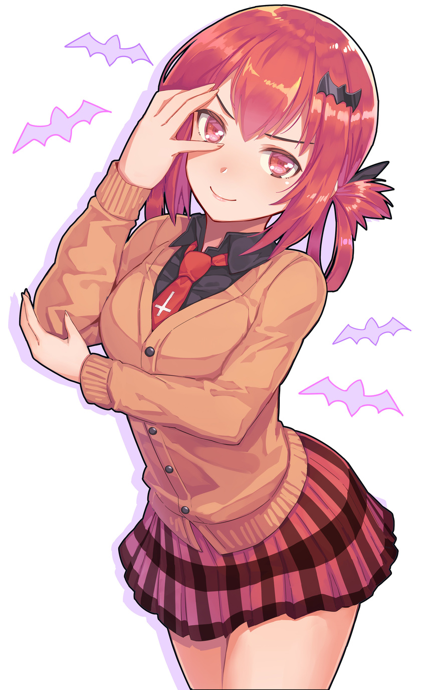 &gt;:) absurdres animal_print bangs bat_hair_ornament bat_print black_shirt breasts cardigan closed_mouth collared_shirt commentary_request cowboy_shot cross_of_saint_peter cross_print gabriel_dropout hair_ornament hair_rings highres kibanda_gohan kurumizawa_satanichia_mcdowell looking_at_viewer medium_breasts necktie plaid plaid_skirt pleated_skirt pose red_eyes red_hair red_neckwear red_skirt school_uniform shadow shirt sidelocks simple_background skirt smile smug solo thighs v-shaped_eyebrows white_background