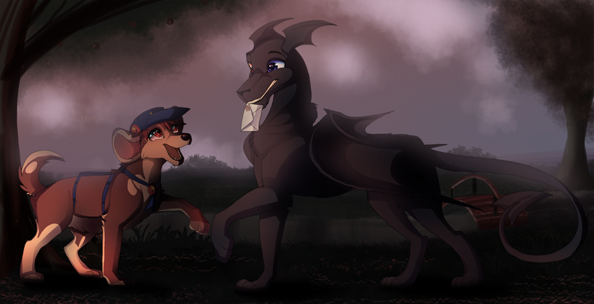 black_fur blue_eyes brown_fur canine detailed_background dog dragon duo feral fur hat hybrid kitchiki male mammal membranous_wings outside paws smile standing tree wings