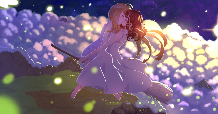 ahoge arm_around_shoulder barefoot blonde_hair blush broom broom_riding brown_hair closed_eyes cloud commentary_request couple diffraction_spikes dress flying hair_ribbon hand_on_another's_shoulder izetta kiss light_particles long_dress long_hair mountain multiple_girls multiple_riders night ortfine_fredericka_von_eylstadt outdoors red_hair ribbon senba_hikari shuumatsu_no_izetta sidesaddle sleepwear sleeveless sleeveless_dress star_(sky) white_dress yuri