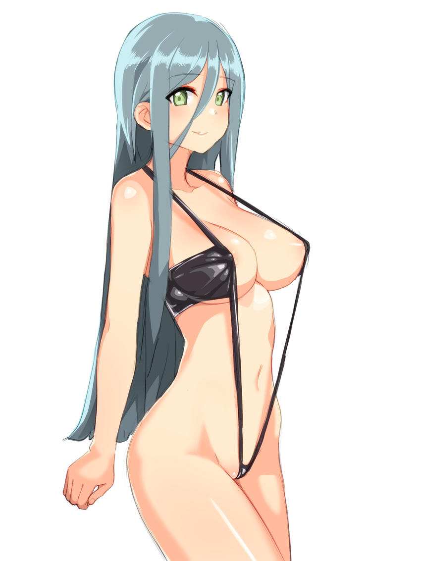 aqua_hair areola_slip areolae arms_at_sides bikini black_bikini blush breasts cleavage covered_nipples cowboy_shot eyebrows_visible_through_hair green_eyes hair_between_eyes highres large_breasts light_smile long_hair looking_at_viewer navel nezuko original parted_lips revealing_clothes sidelocks simple_background slingshot_swimsuit smile solo strap_gap swimsuit very_long_hair white_background