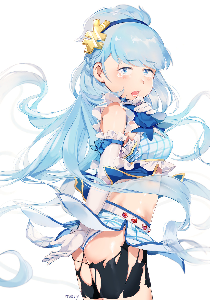 arm_ribbon artist_name ass bad_id bad_pixiv_id bangs belt black_legwear blue_bow blue_eyes blue_hair blue_ribbon blue_skirt bow braid closed_mouth cowboy_shot crop_top crying crying_with_eyes_open elbow_gloves eyebrows_visible_through_hair eyelashes floating_hair frills from_side genderswap genderswap_(mtf) gloves hair_back hair_ornament half-closed_eyes highres hip_bones lipstick long_hair looking_at_viewer magical_girl makeup matsuno_karamatsu mery_(apfl0515) midriff miniskirt open_mouth osomatsu-kun osomatsu-san panties panties_over_pantyhose pantyhose plaid ribbon shiny shiny_hair shiny_skin side_braid simple_background skindentation skirt skirt_lift skirt_tug solo tears torn_clothes torn_legwear underwear very_long_hair white_background white_gloves white_panties wind wind_lift yen_sign