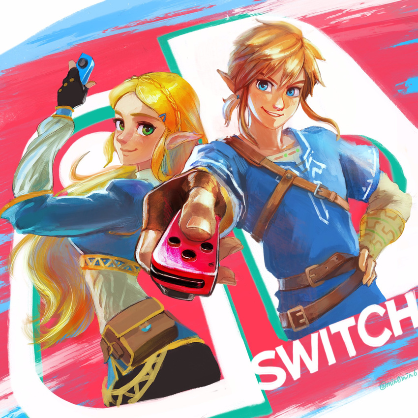 1girl blonde_hair blue_eyes green_eyes highres joy-con link long_hair looking_at_viewer nintendo pointy_ears ponytail princess_zelda the_legend_of_zelda the_legend_of_zelda:_breath_of_the_wild white_background