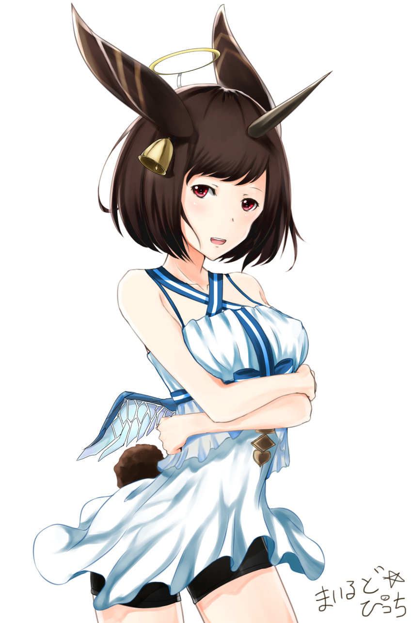 absurdres animal_ears bell_earrings bellringer_angel bellringer_angel_(cosplay) black_shorts breasts brown_eyes brown_hair bunny_ears bunny_tail cosplay dress earrings halo highres horn jewelry looking_at_viewer medium_breasts mild_pitch moon_al-mi'raj open_mouth shadowverse shorts solo tail white_dress wings