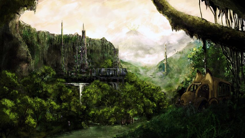 animal_ears bird building bus cliff cloud cloudy_sky commentary_request common_raccoon_(kemono_friends) day fennec_(kemono_friends) forest fox_ears from_behind ground_vehicle highres japari_bus kanrobi kemono_friends moss motor_vehicle multiple_girls nature overgrown raccoon_ears radio_tower river ruins sandstar scenery sky volcano walking water waterfall