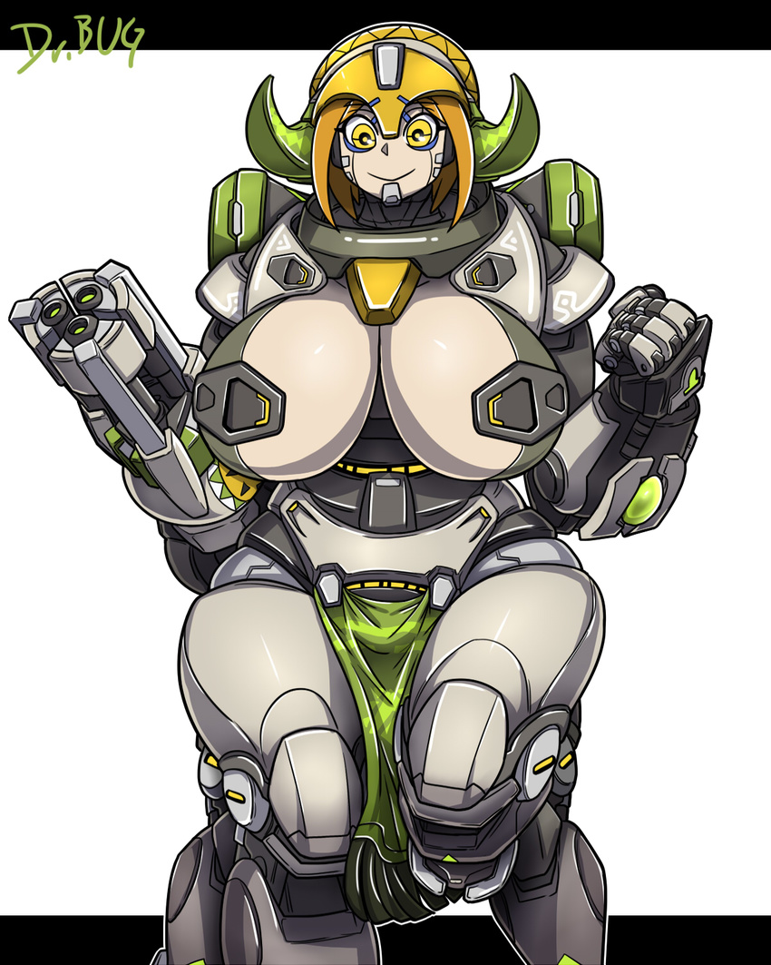 arm_cannon big_breasts blonde_hair breasts centaur clothing dr.bug equine equine_taur female hair horn huge_breasts loincloth machine mammal orisa_(overwatch) overwatch robot signature smile solo taur video_games