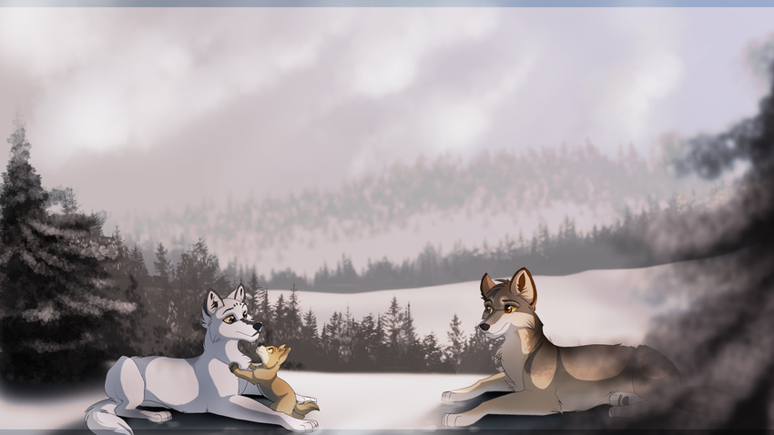 canine detailed_background dog feral fur grey_fur group kitchiki lying mammal nude outside paws smile tree white_fur
