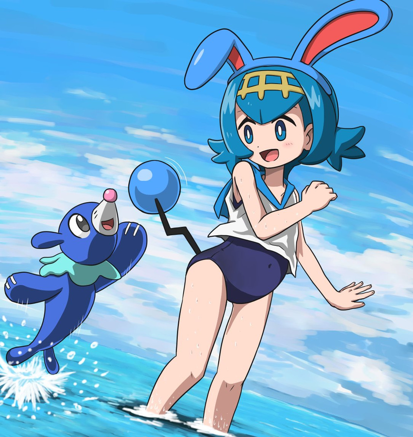 :d animal_ears azumarill azumarill_(cosplay) bangs bare_shoulders black_eyes blue_eyes blue_hair blue_sailor_collar blue_sky blue_swimsuit blush cloud cosplay covered_navel day dutch_angle fake_animal_ears fake_tail flat_chest flipped_hair from_side full_body gen_2_pokemon gen_7_pokemon hairband hand_up happy jumping legs looking_at_another motion_lines new_school_swimsuit ocean one-piece_swimsuit open_mouth outdoors outstretched_arm pokemon pokemon_(creature) pokemon_(game) pokemon_sm popplio sailor_collar school_swimsuit shirt short_hair sky sleeveless sleeveless_shirt smile splashing standing suiren_(pokemon) swimsuit swimsuit_under_clothes tail tail_wagging takamame trial_captain wading water water_drop wet white_shirt