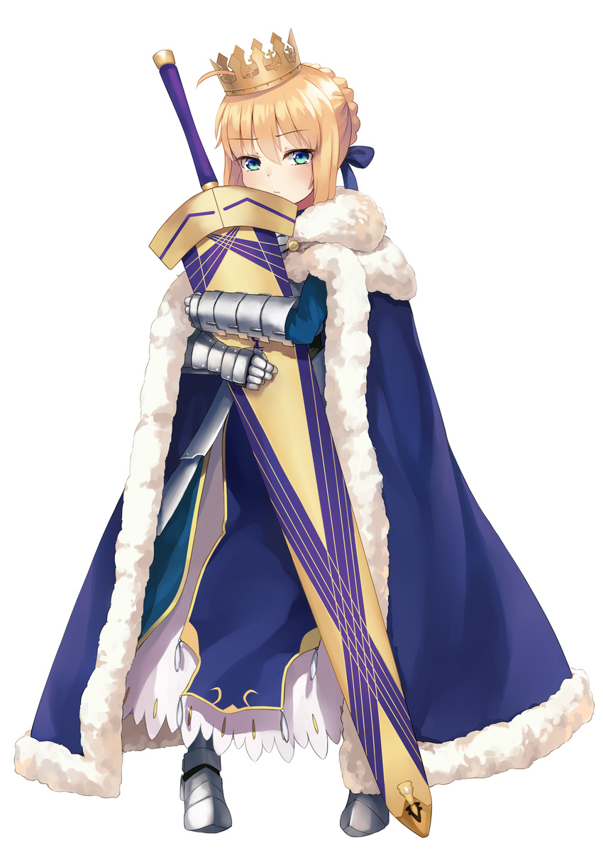 absurdres ahoge armor armored_boots armored_dress artoria_pendragon_(all) avalon_(fate/stay_night) blonde_hair blue_cape blue_eyes boots bow cape carrying commentary_request crown fate/stay_night fate_(series) full_body gauntlets hair_bow hair_ribbon highres ina_(inadiary) looking_at_viewer ribbon saber simple_background solo white_background